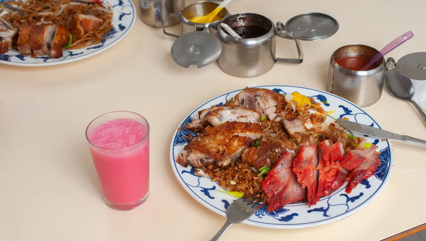 Duck dish and rice at New Fusion roti shop Amsterdam