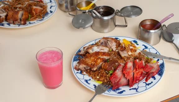 Duck dish and rice at New Fusion roti shop Amsterdam