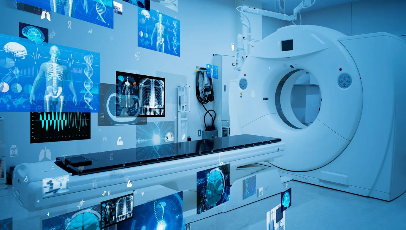 Modern hospital and communication network concept. Medical technology. MedTech.