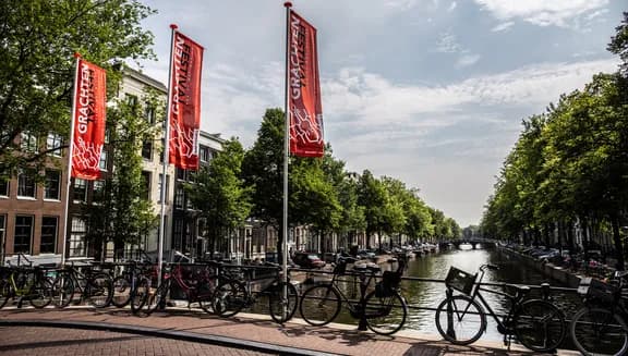 Grachtenfestival flags, on the canals with bicycles