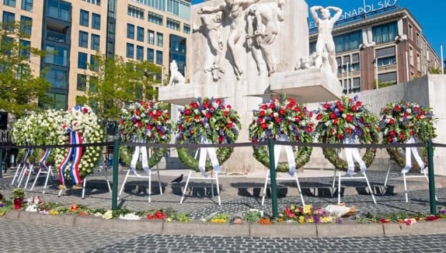 Amsterdam, Netherlands - May 5, 2020: Wreaths at the National Monument on the occasion of remembrance of the worldwar II in Amsterdam the Netherlands