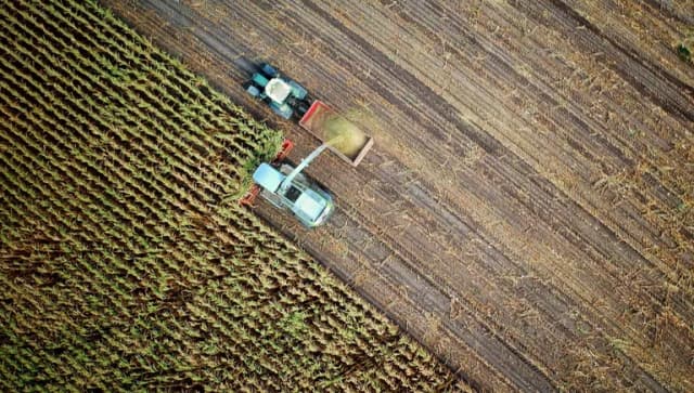 Aerial shot of two tractors harvesting crop