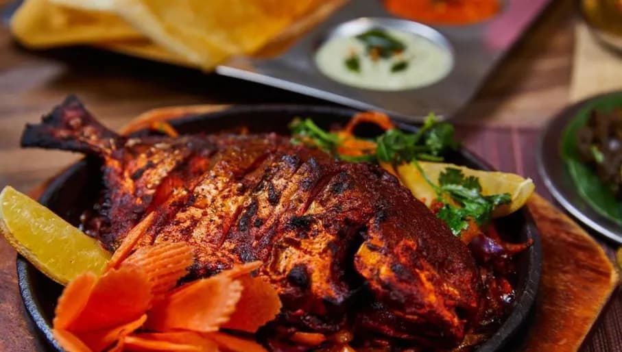 Spicy fish dish at Anjappar Indian restaurant on Van Baerlestraat