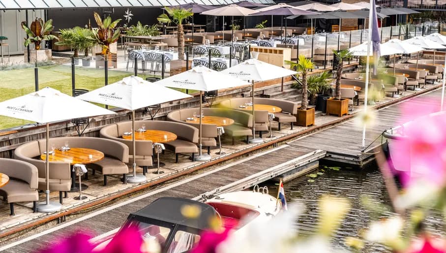 Terrace of The Harbour Club at Apollo Hotel Amsterdam.