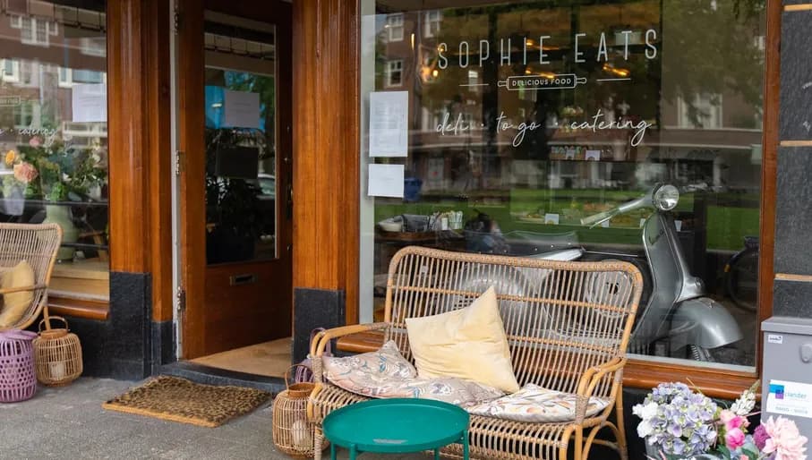 Sophie Eats, exterior, bench outside and scooter inside