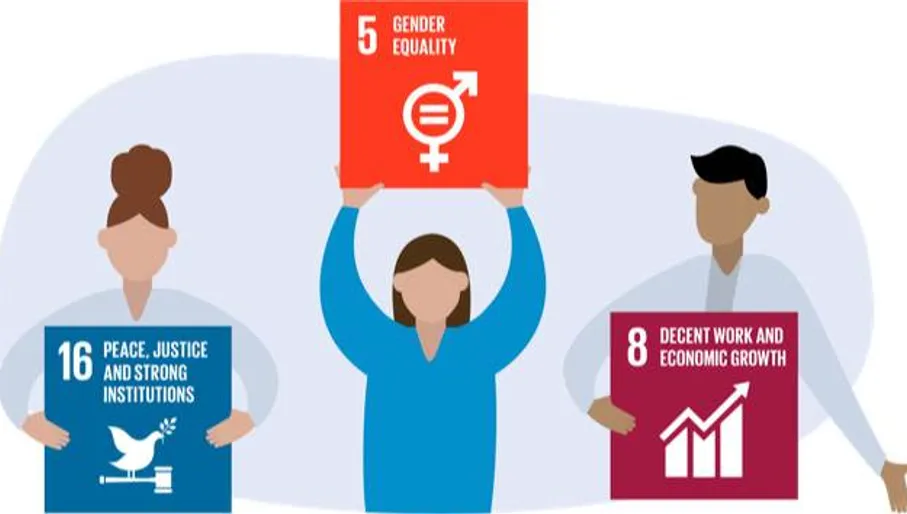 Graphic from Blue Feniks with drawn figures holding up cards related to diversity and workplace culture topics.