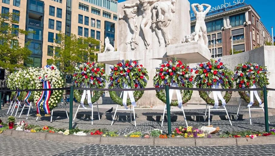 Amsterdam, Netherlands - May 5, 2020: Wreaths at the National Monument on the occasion of remembrance of the worldwar II in Amsterdam the Netherlands