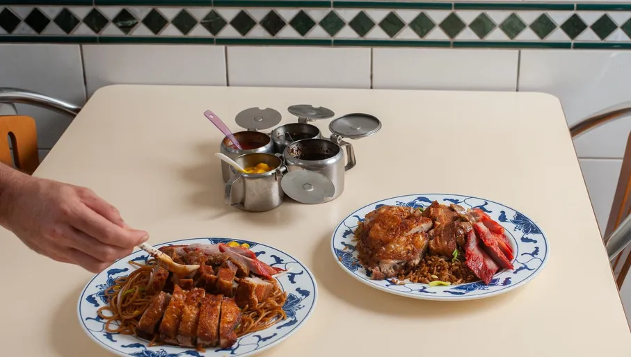 Duck and rice dish at New Fusion roti shop Amsterdam