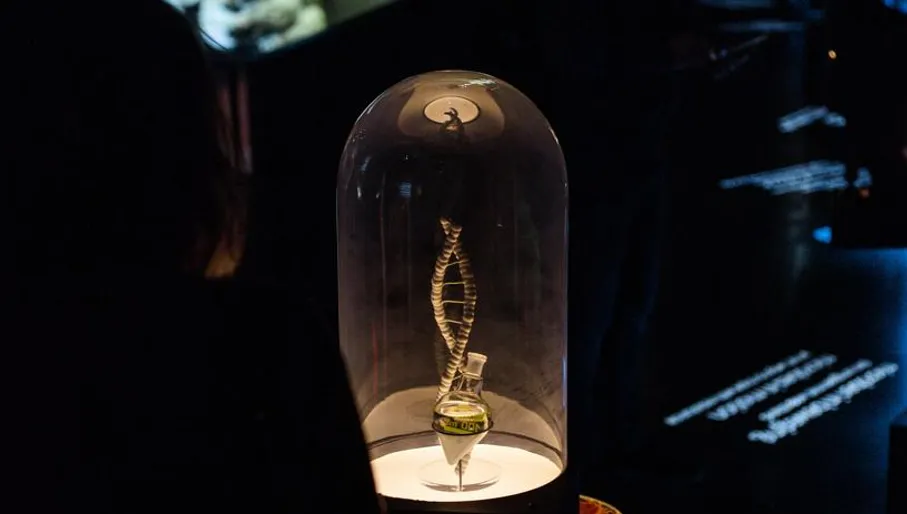 A glass jar of bacteria display at Museum Micropia in ARTIS