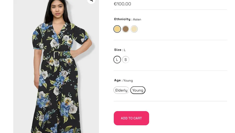 Screenshot of demo avatar created by Lalaland for eCommerce site, featuring female "Asian" model wearing floral dress.