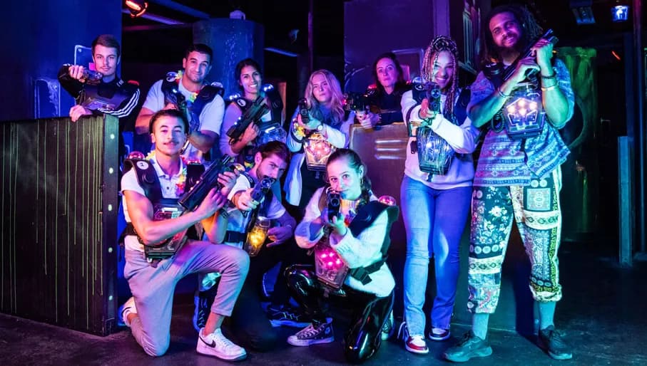 Aloha game center, group photo of laser gaming