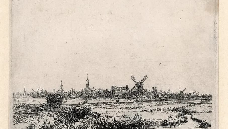 Rembrandt, Gezicht op Amsterdam, ca. 1640-1641. Ets, enige staat, 112 x 153 mm, Collectie Museum Rembrandthuis