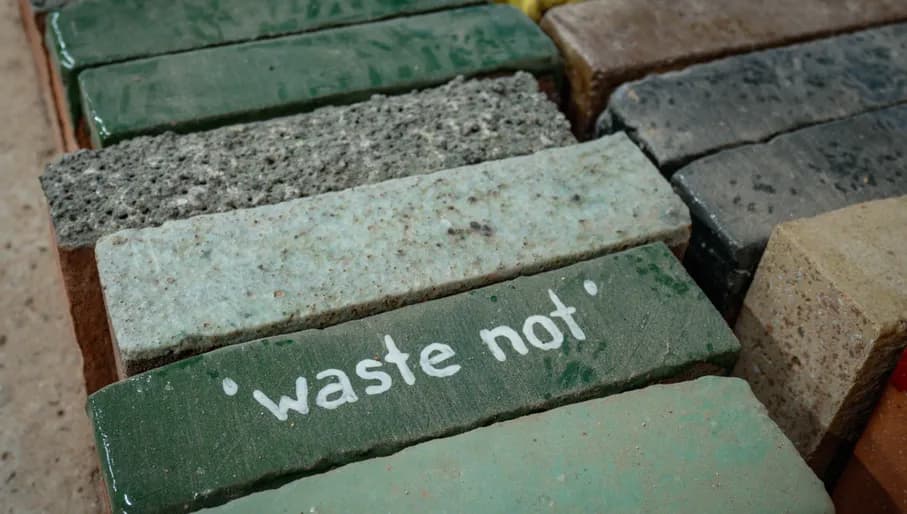 Closeup of green bricks that say 'waste not'