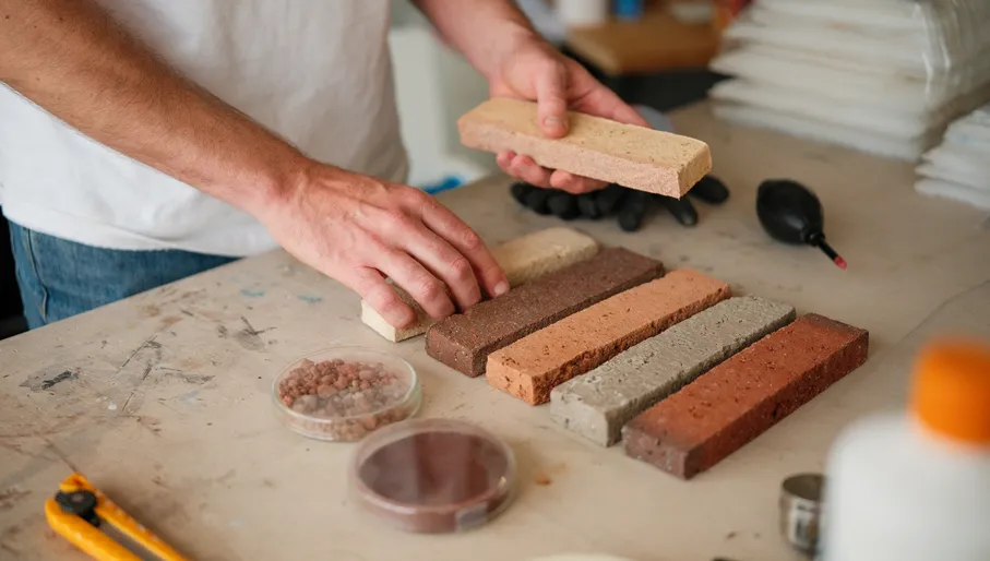 Closeup of person's hands, holding colourful bricks made from waste. From the FRONT offices.
