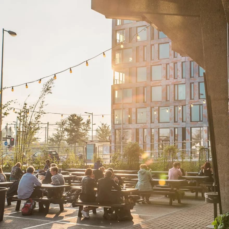 Pakhuis de Zwijger terrace at sunset